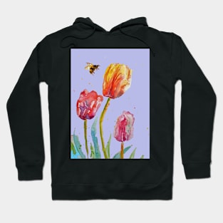 Tulip Flower Watercolor Painting and Bee on Lavender purple Hoodie